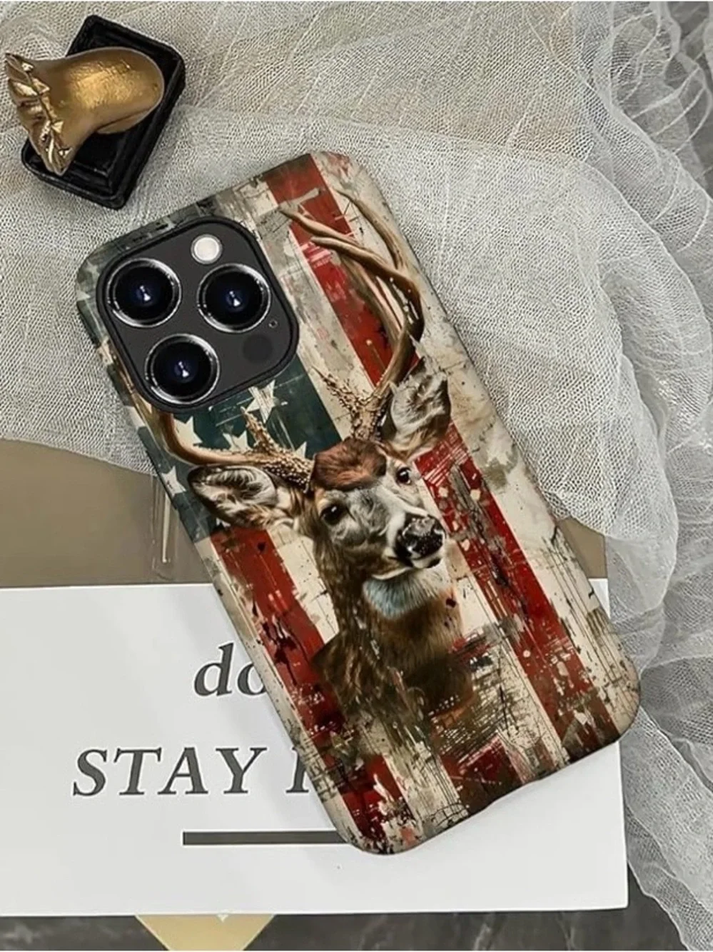 Deer Head Patriotic iPhone Case - Rustic American Flag Design 16 Max Pro